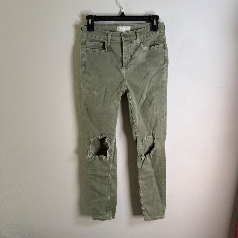 Free People Distressed Skinny Jeans Sage Green Ripped Knee Denim Pants Size 27